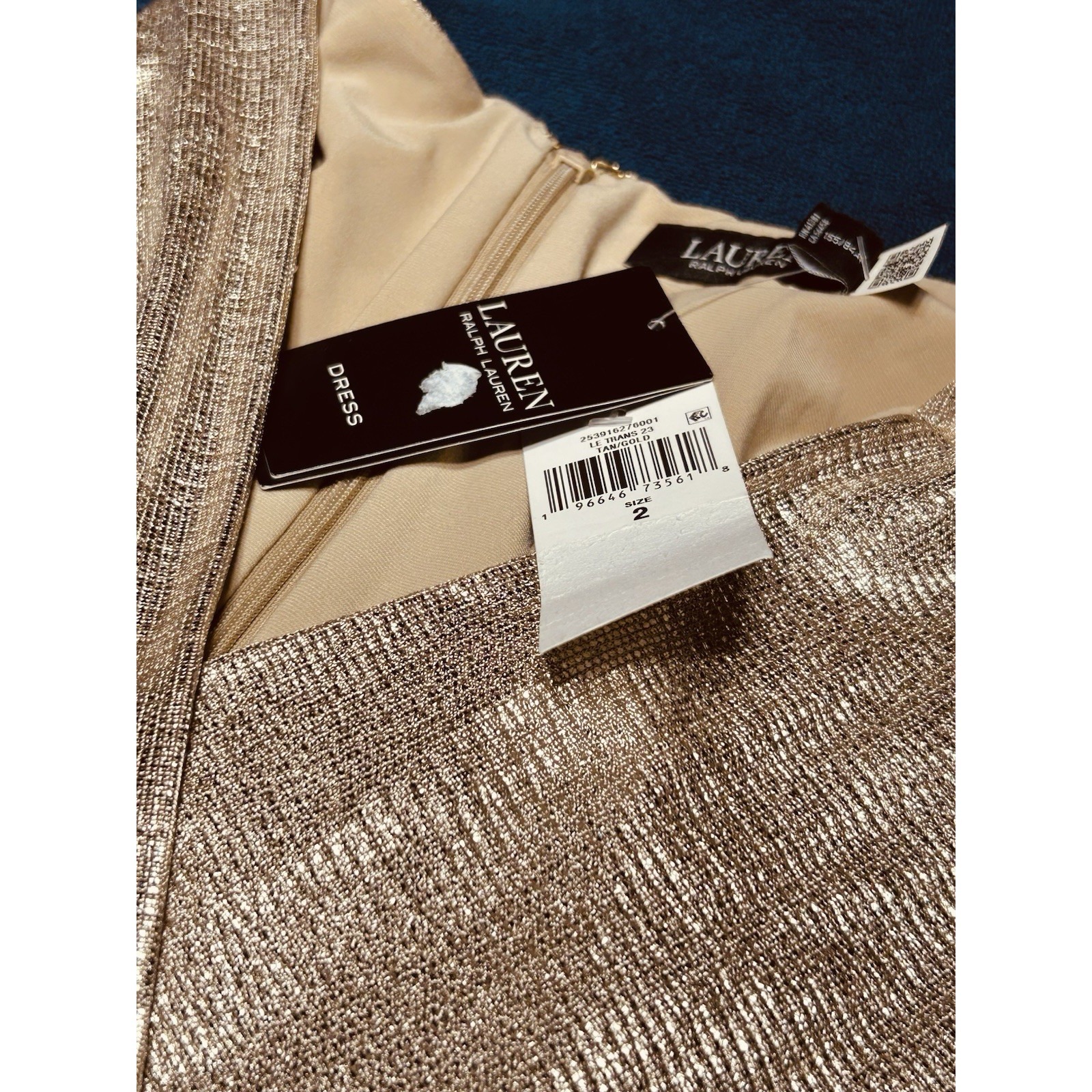 Lauren Ralph Lauren Metallic Gold V Neck Stretch Cocktail Dress Size 2 New!!